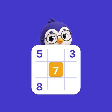 Deducely app icon: Deuce the penguin peeking over a sudoku box with one amber cell
